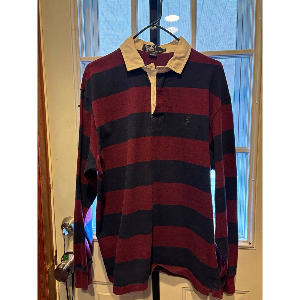 VINTAGE RARE Polo by Ralph Lauren Made in USA 100% Cotton Striped Rugby Polo EUC